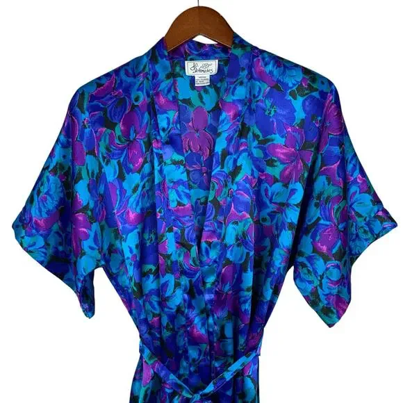 Vintage JO Intimates Robe Kimono Satin Blue Purple Floral Pocket Women's M - Picture 2 of 6